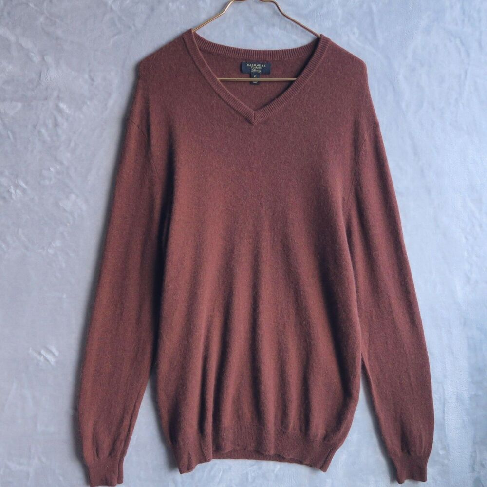 CLUB ROOM Brown Cashmere Sweater Size XL V-Neck Neutral Preppy Retro Academia